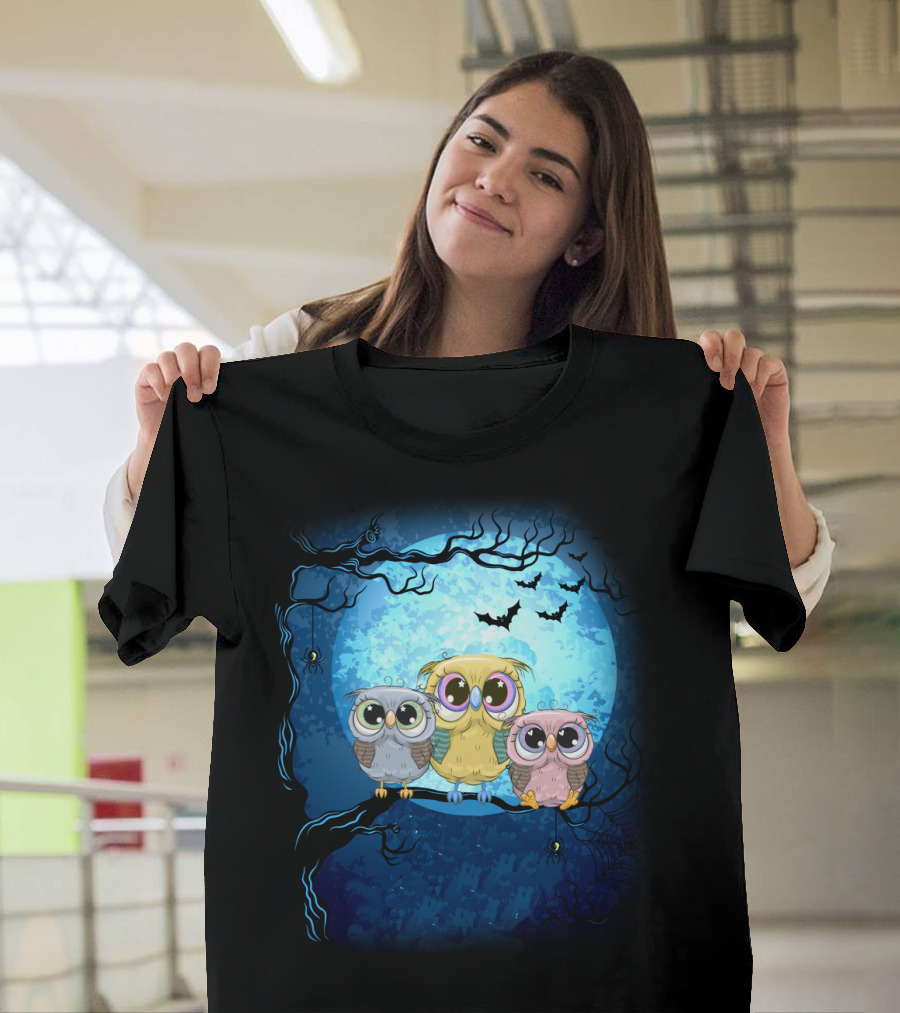 Night Family Owls Under Full Moon with Bats and Spiders T-Shirt