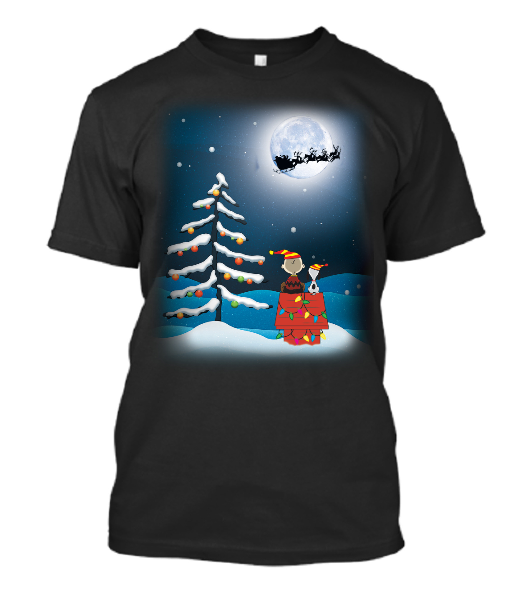 Noel Night Snoopy Peanuts Movie Christmas Scene Santa Sleigh Winter Tree With Lights T-Shirt