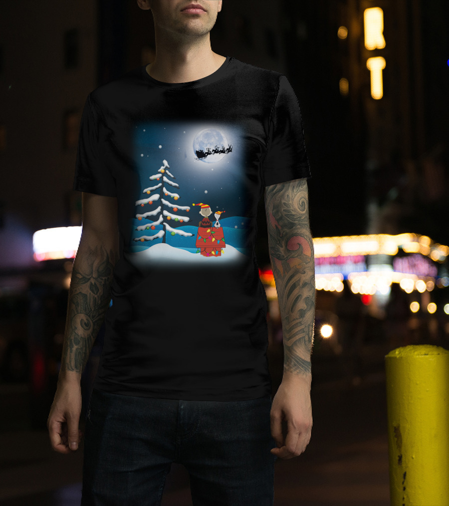 Noel Night Snoopy Peanuts Movie Christmas Scene Santa Sleigh Winter Tree With Lights T-Shirt