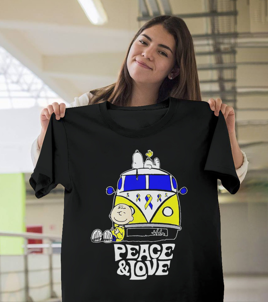 Peace And Love Snoopy Woodstock Yellow Ribbon Van Peanuts Cancer Warrior T-Shirt