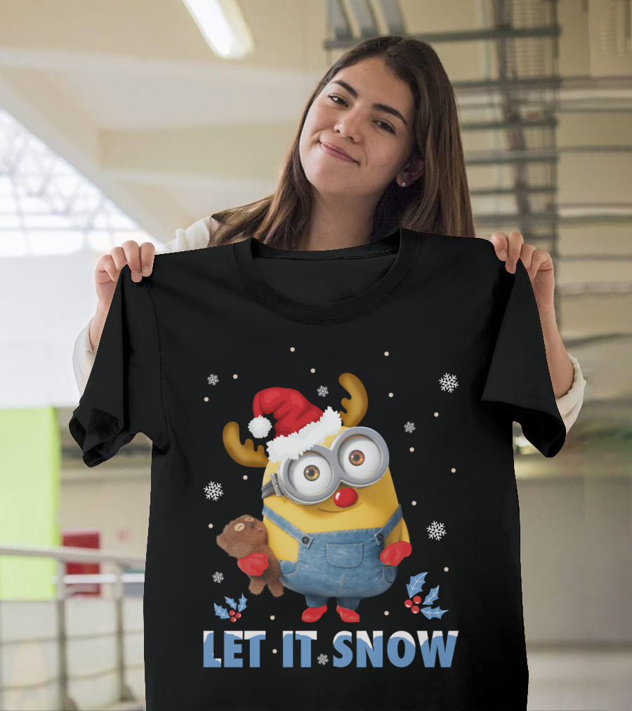 Let It Snow Xmas Minions Despicable Me Santa Hat Reindeer Antlers Toy T-Shirt