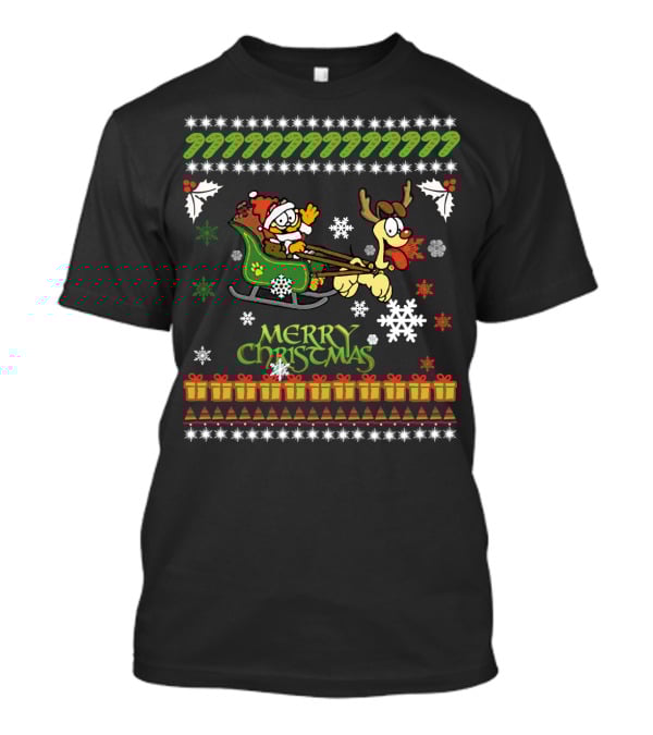 Merry Christmas Garfield Santa Sleigh With Reindeer Odie Snowflakes And Holly T-Shirt