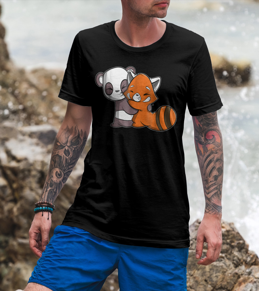 Cute Kawaii Panda Embrace Red Panda Hugging Adorable Friends T-Shirt