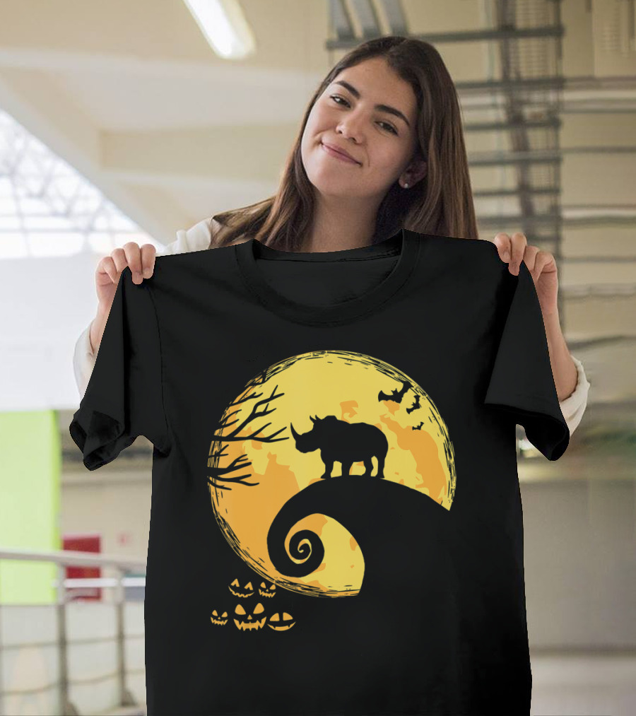 Funny Rhino And Moon Halloween Parody With Jack-O'-Lanterns And Bat T-Shirt