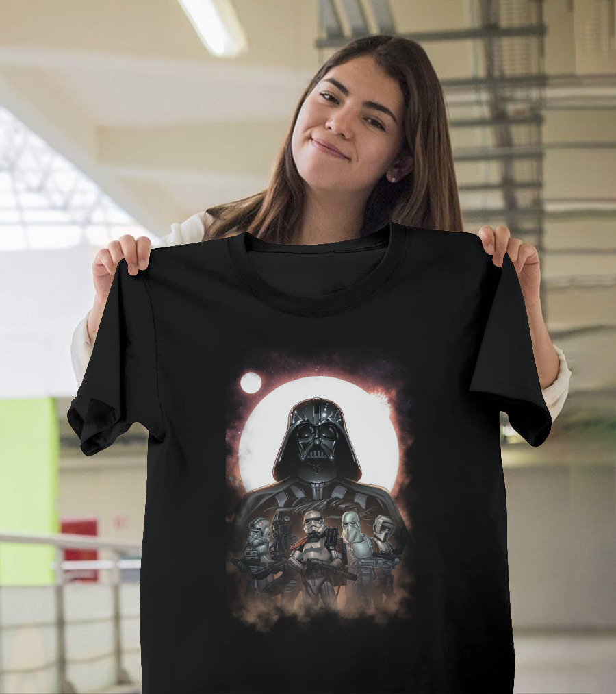 Darth Vader and Stormtroopers Under Galactic Moon Star Wars Dark Side Troops T-Shirt