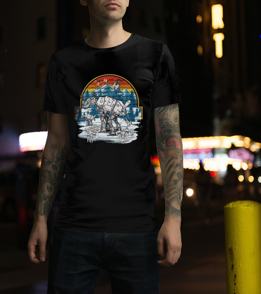 Retro Vintage AT AT Droids Star Wars Hoth Battle Sunset Scene T-Shirt