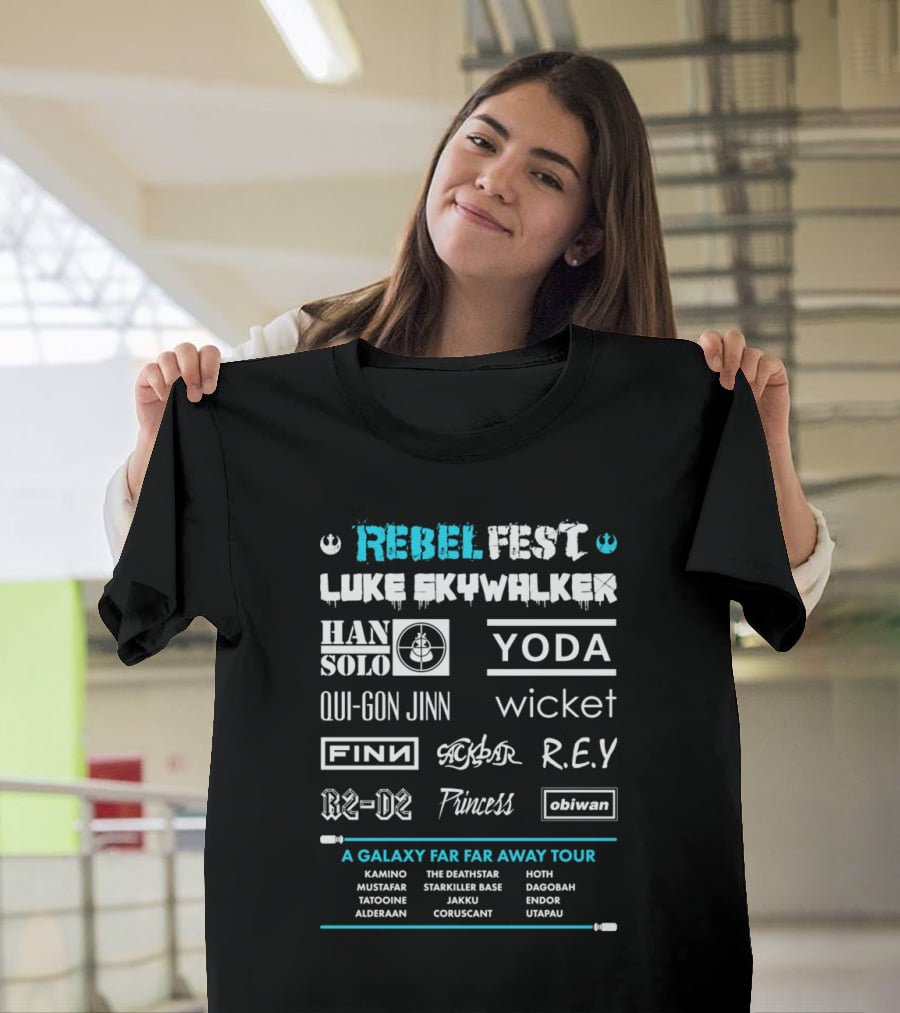 Rebel Fest Luke Skywalker Han Solo Yoda Qui-Gon Jinn Finn R2-D2 A Galaxy Far Far Away Tour T-Shirt