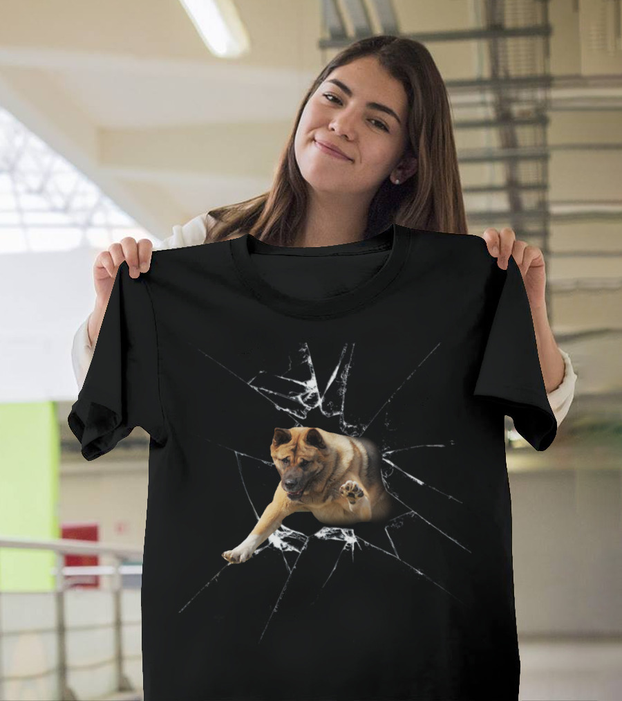 Akita Broke The Glass Dog Breaking Through Shattered Window T-Shirt