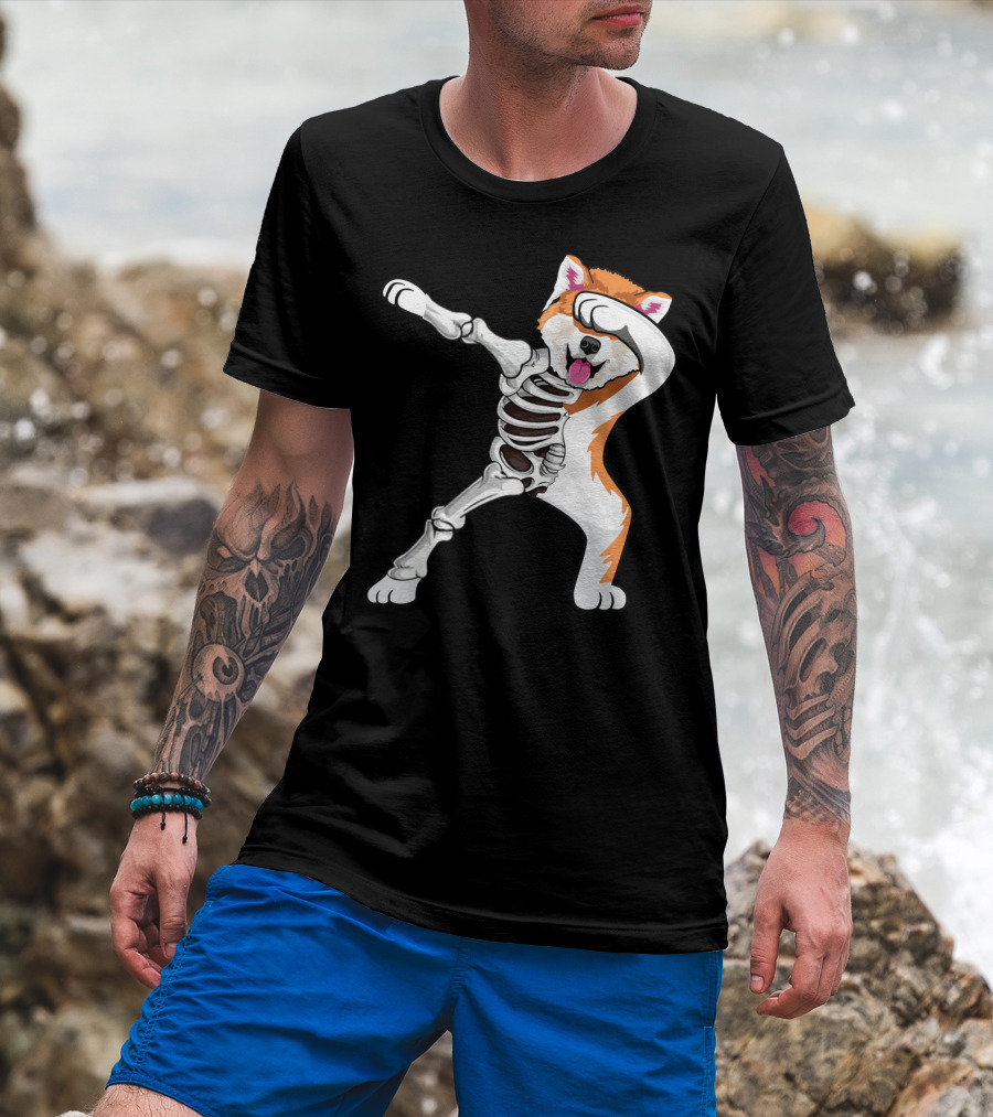 Akita Dog Skeleton Dabbing Halloween T-Shirt