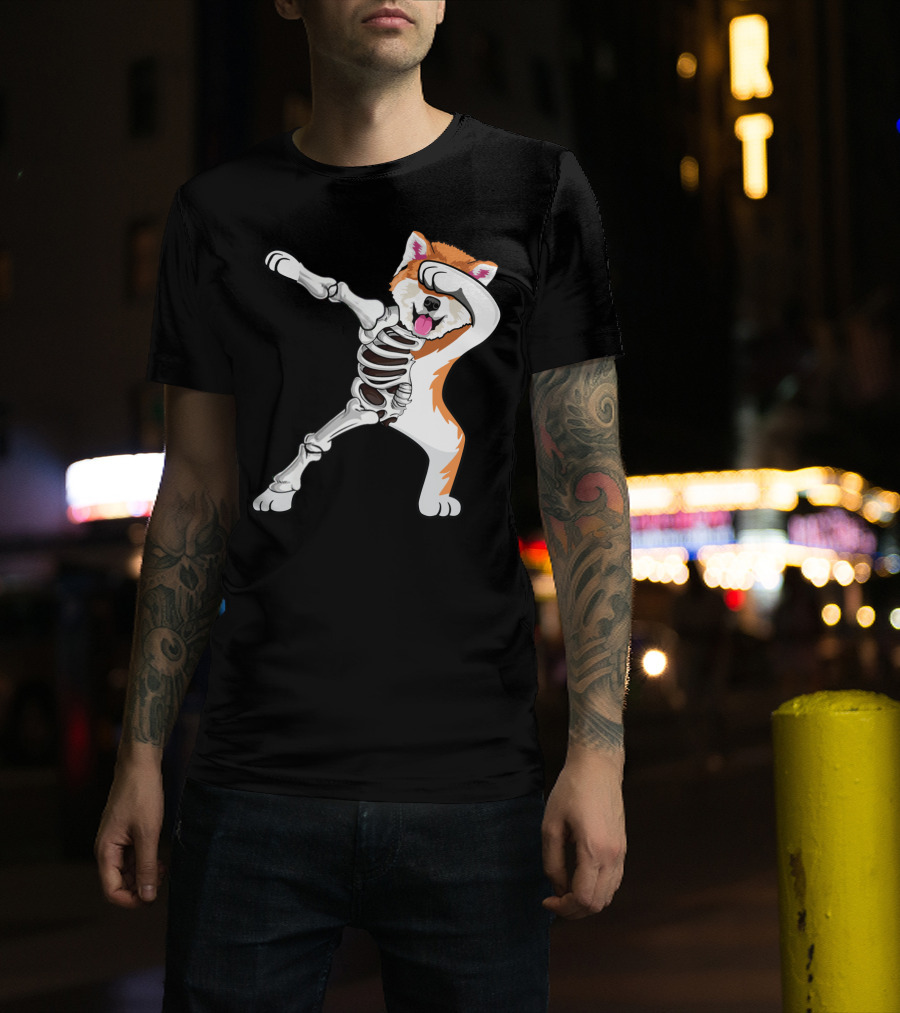 Akita Dog Skeleton Dabbing Halloween T-Shirt