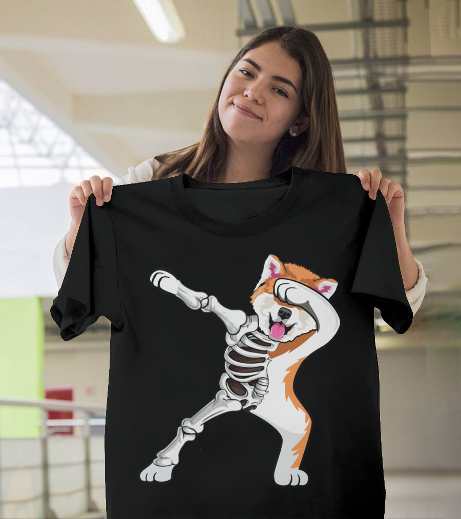 Akita Dog Skeleton Dabbing Halloween T-Shirt