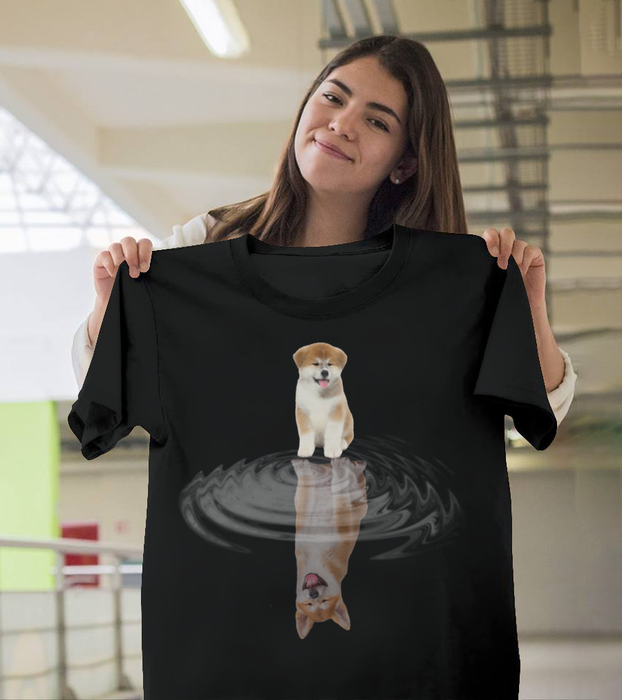 Akita Mirror Reflection with Puppy and Water Surface T-Shirt