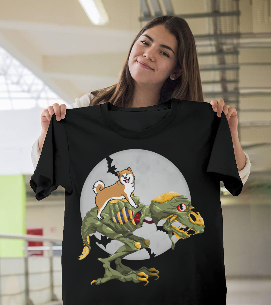 Akita Riding Dinosaur Skeleton Under Full Moon With Bats T-Shirt