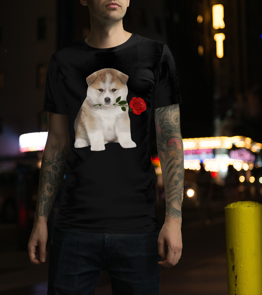Akita Puppy Holding Red Rose T-Shirt