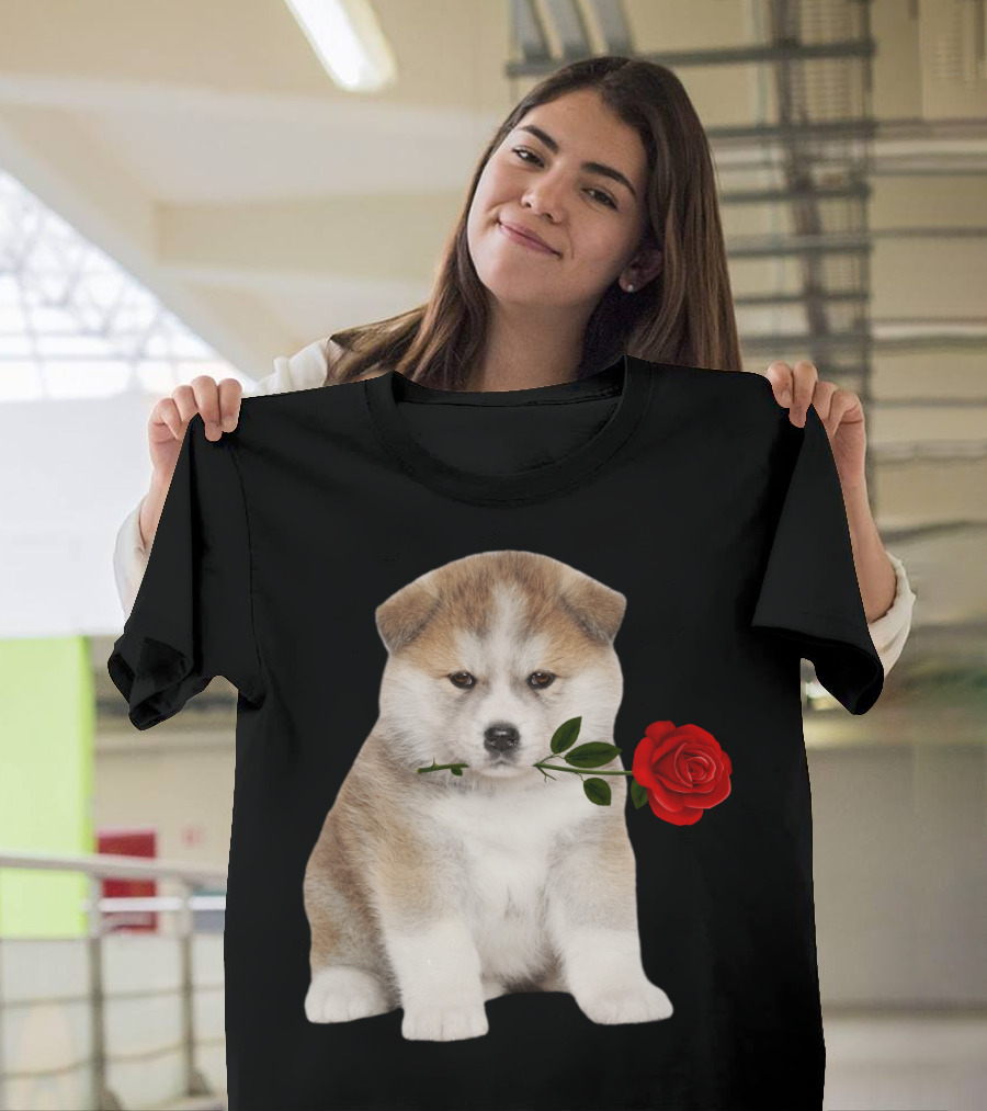 Akita Puppy Holding Red Rose T-Shirt