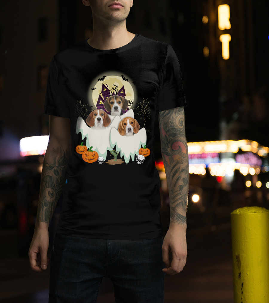 Beagle Halloween Ghosts Haunted House Pumpkins Bats Moon T-Shirt
