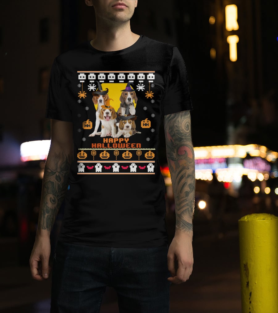 Beagle Happy Halloween Witch Hats And Pixelated Ghosts T-Shirt