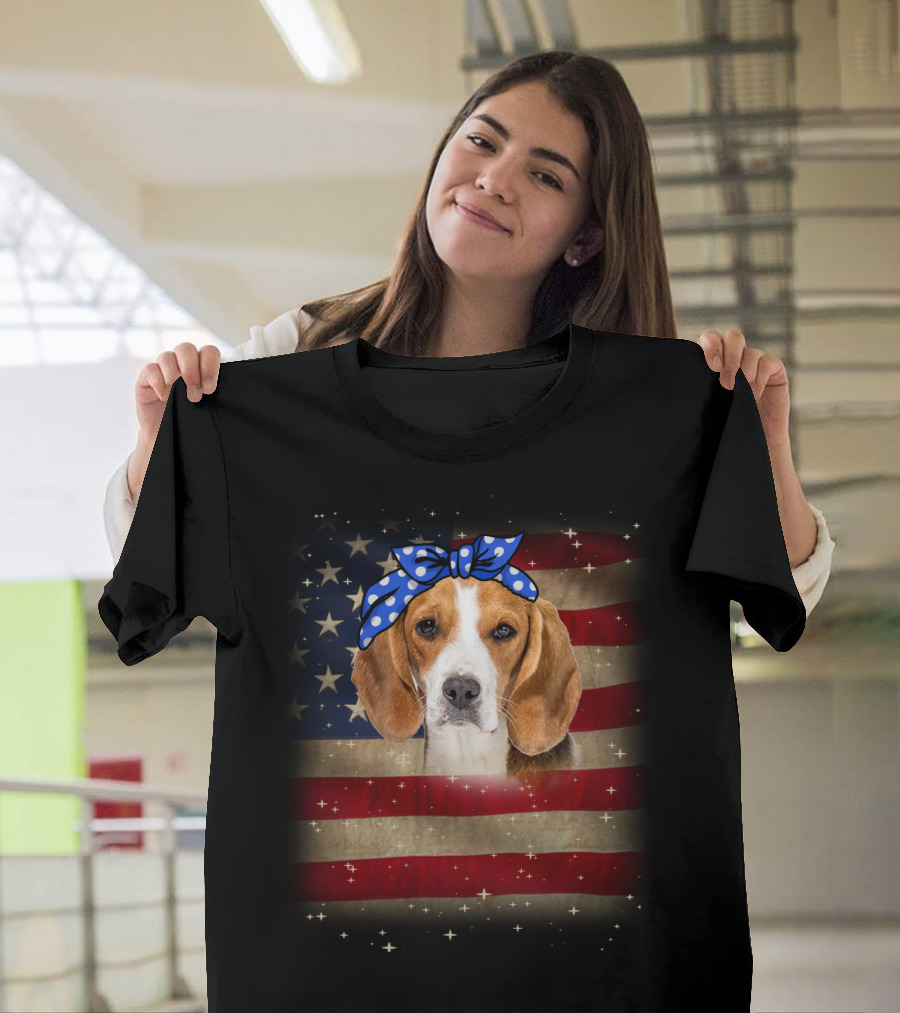 Beagle With Blue Polka Dot Bow On American Flag Background T-Shirt