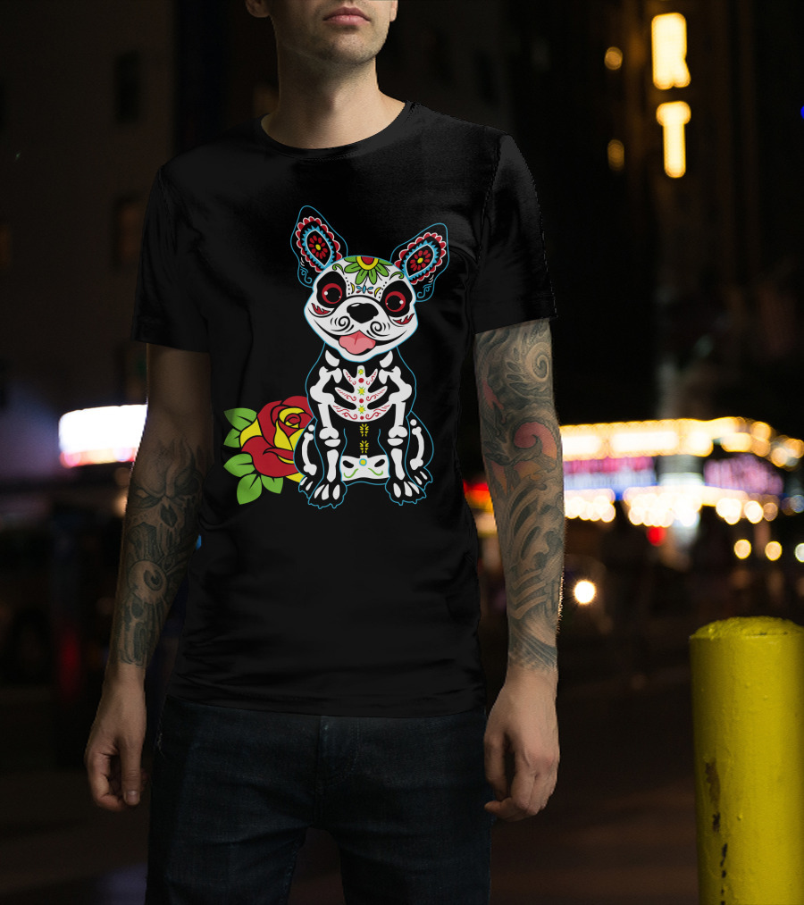 Boston Terrier Sugar Skull With Red Rose Day Of The Dead T-Shirt