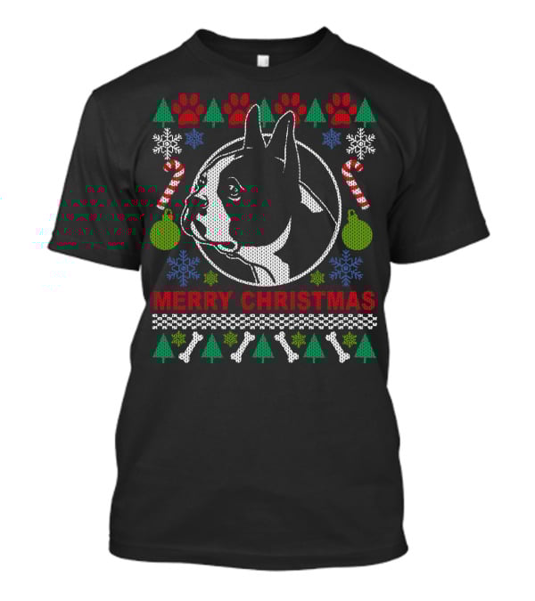 Merry Christmas Boston Terrier Candy Cane Snowflakes Trees T-Shirt