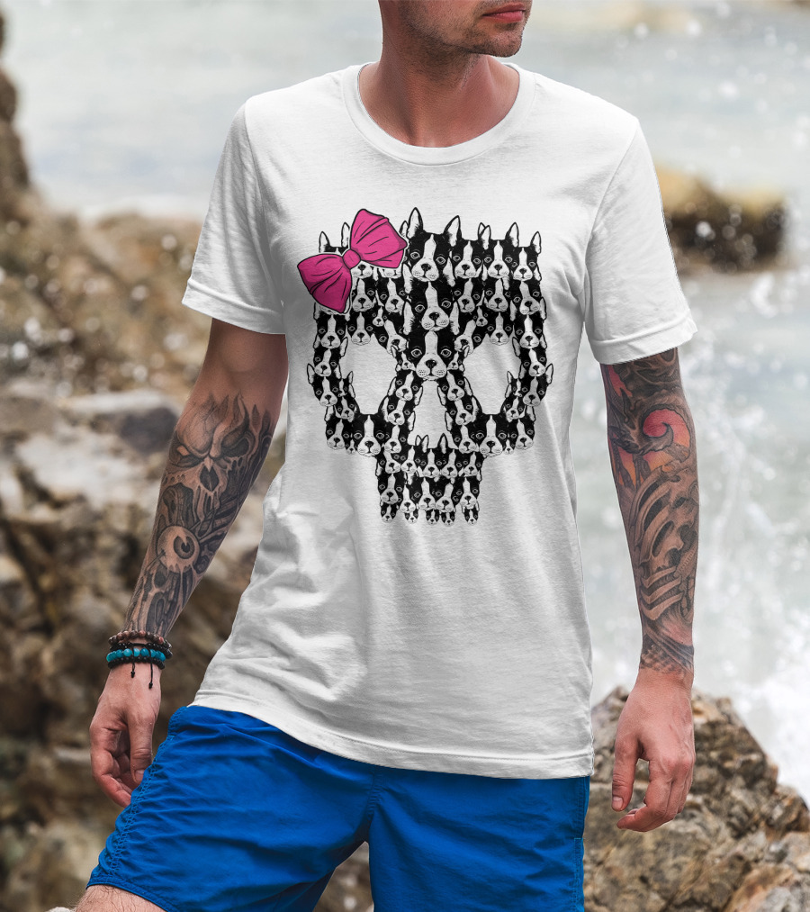 Boston Terrier Skull Pink Bow T-Shirt