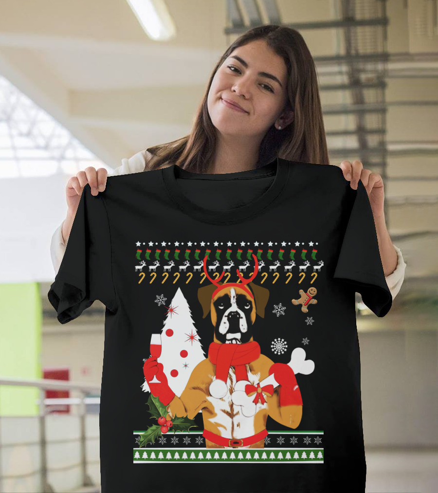 Boxer Dog Christmas Ugly Sweater Style With Reindeer Antlers And Festive Decorations T-Shirt
