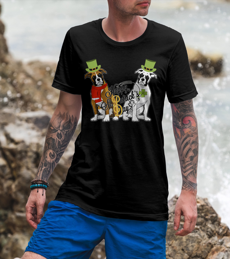 Happy St Patrick's Day Boxer Dogs With Shamrocks And Hats T-Shirt