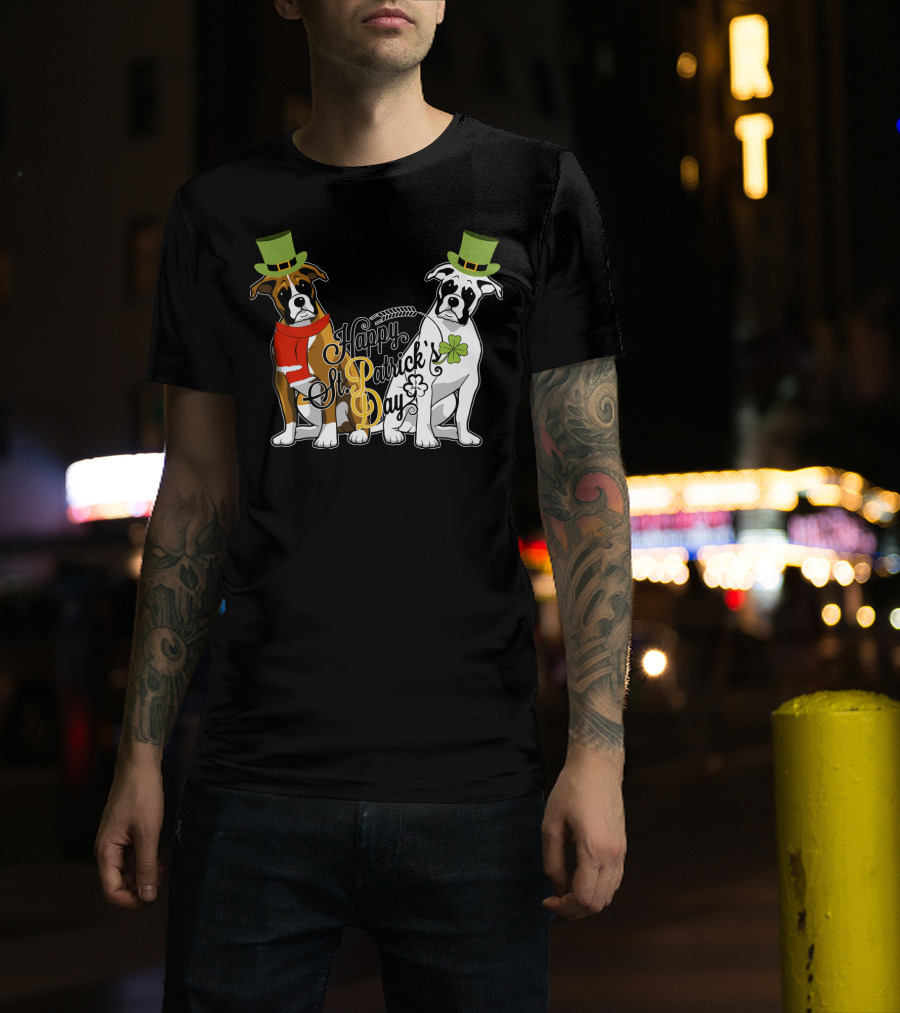 Happy St Patrick's Day Boxer Dogs With Shamrocks And Hats T-Shirt