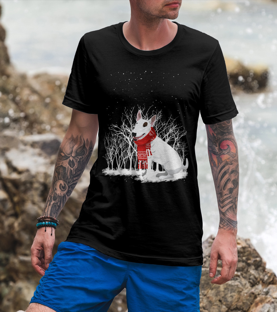 Winter Bullterrier Red Scarf Snowy Forest T-Shirt