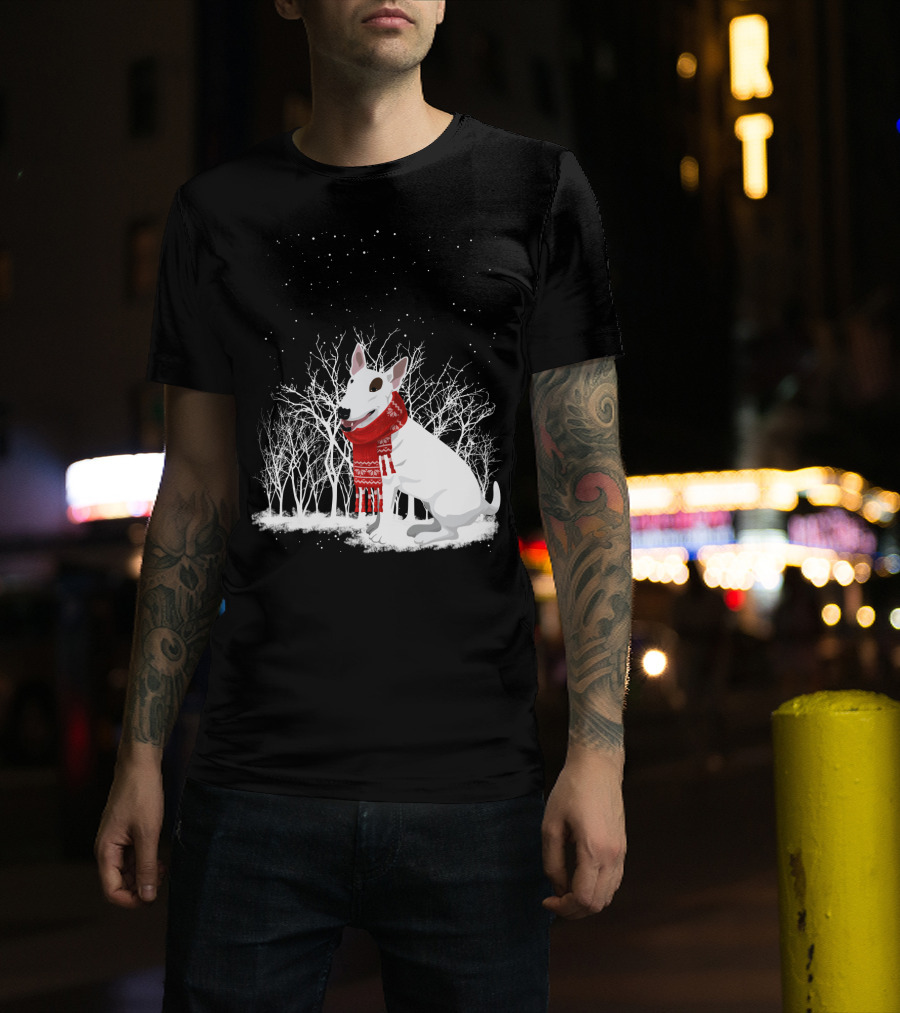 Winter Bullterrier Red Scarf Snowy Forest T-Shirt