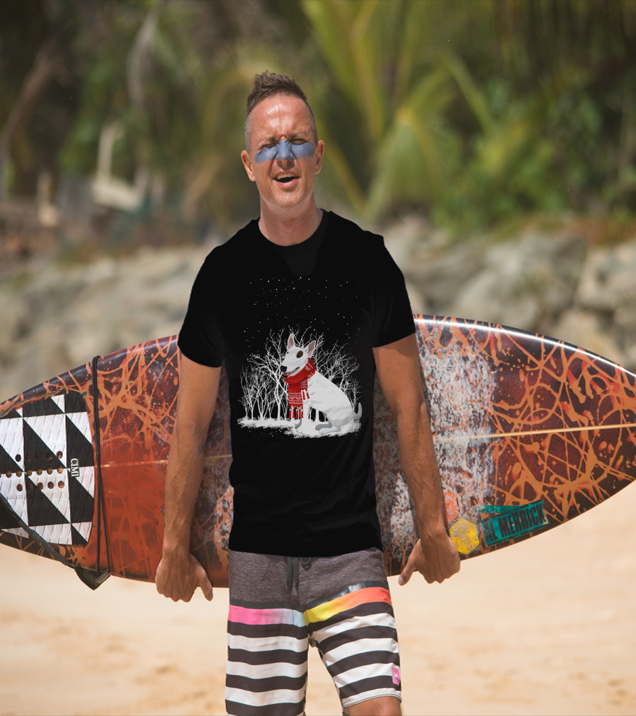 Winter Bullterrier Red Scarf Snowy Forest T-Shirt