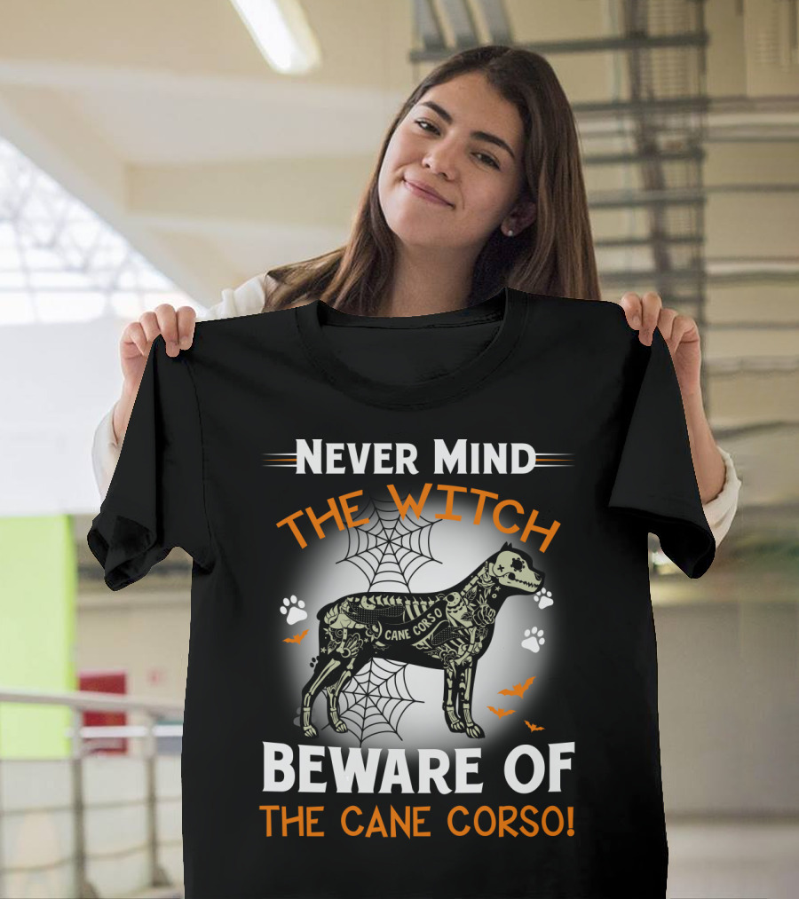 Never Mind The Witch Beware Of The Cane Corso Halloween Dog Spiderwebs Bats Paw Prints T-Shirt