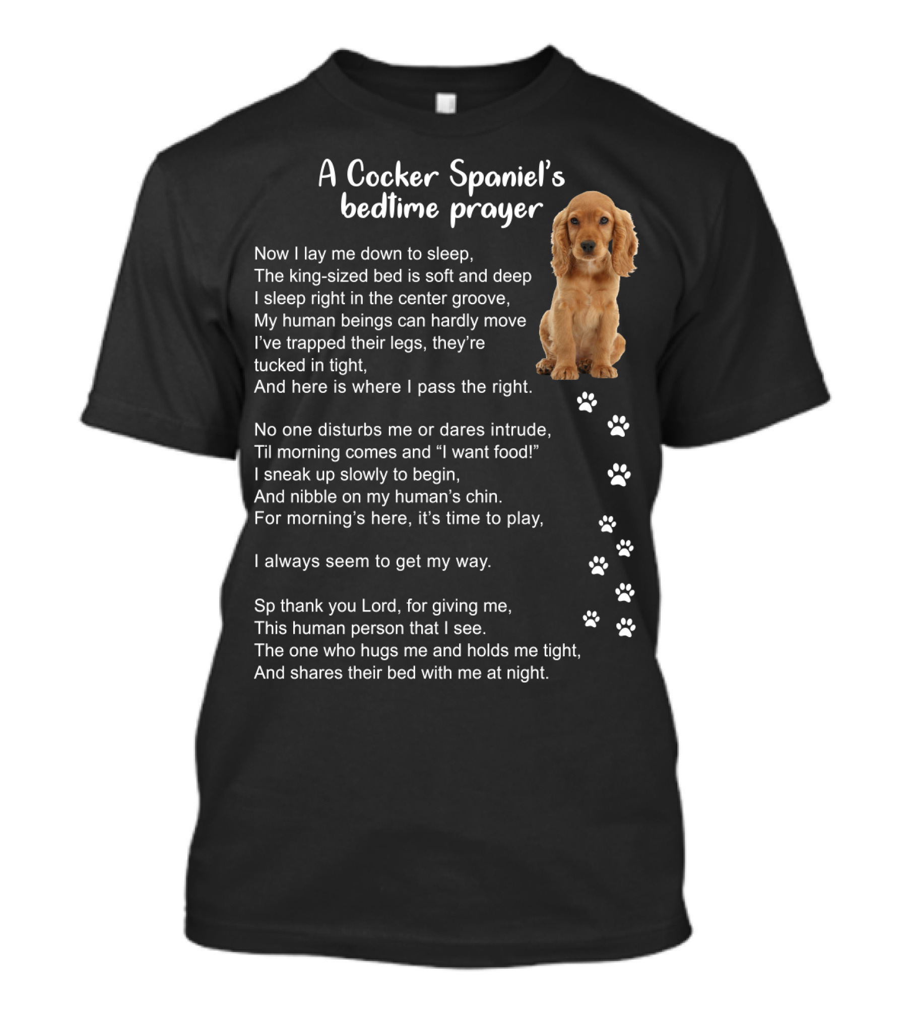 A Cocker Spaniel's Bedtime Prayer With Sleeping Dog And Paw Prints In Soft Light Brown T-Shirt