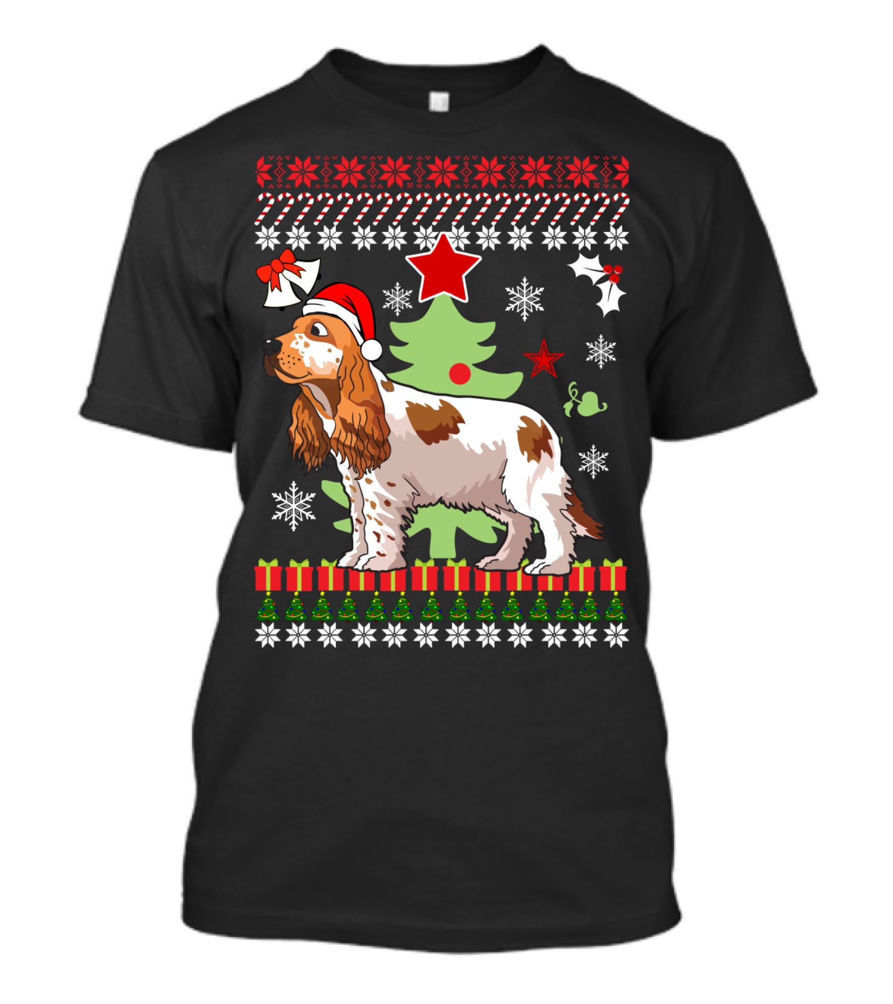 Christmas Cocker Spaniel Santa Hat Snowflakes Christmas Tree T-Shirt