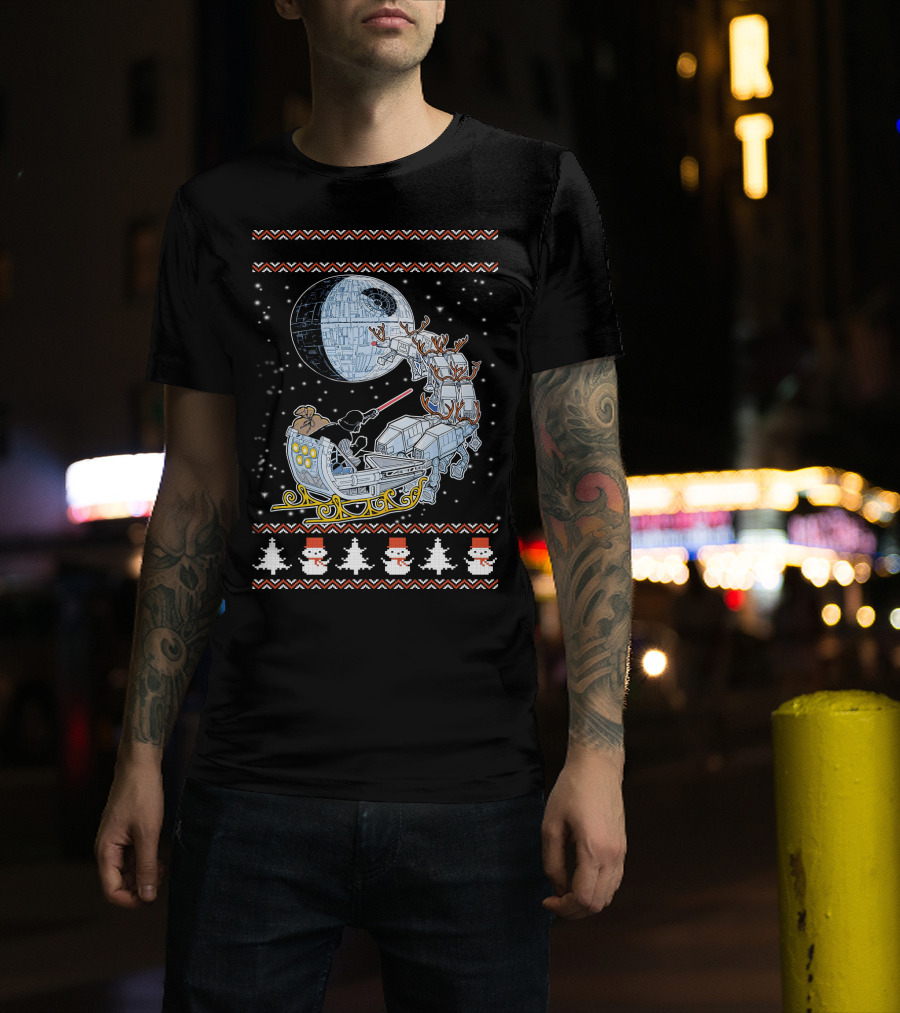 Death Star Christmas Night With Vader Sleigh And AT-AT Reindeer T-Shirt