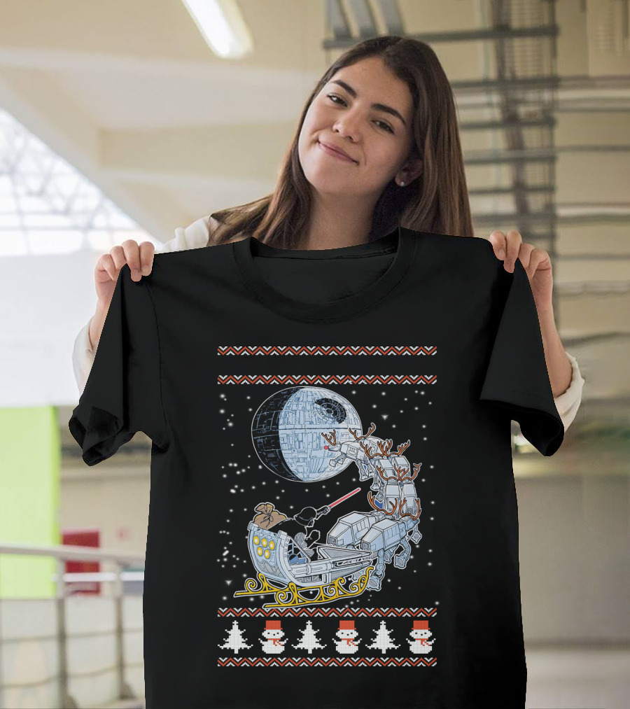 Death Star Christmas Night With Vader Sleigh And AT-AT Reindeer T-Shirt