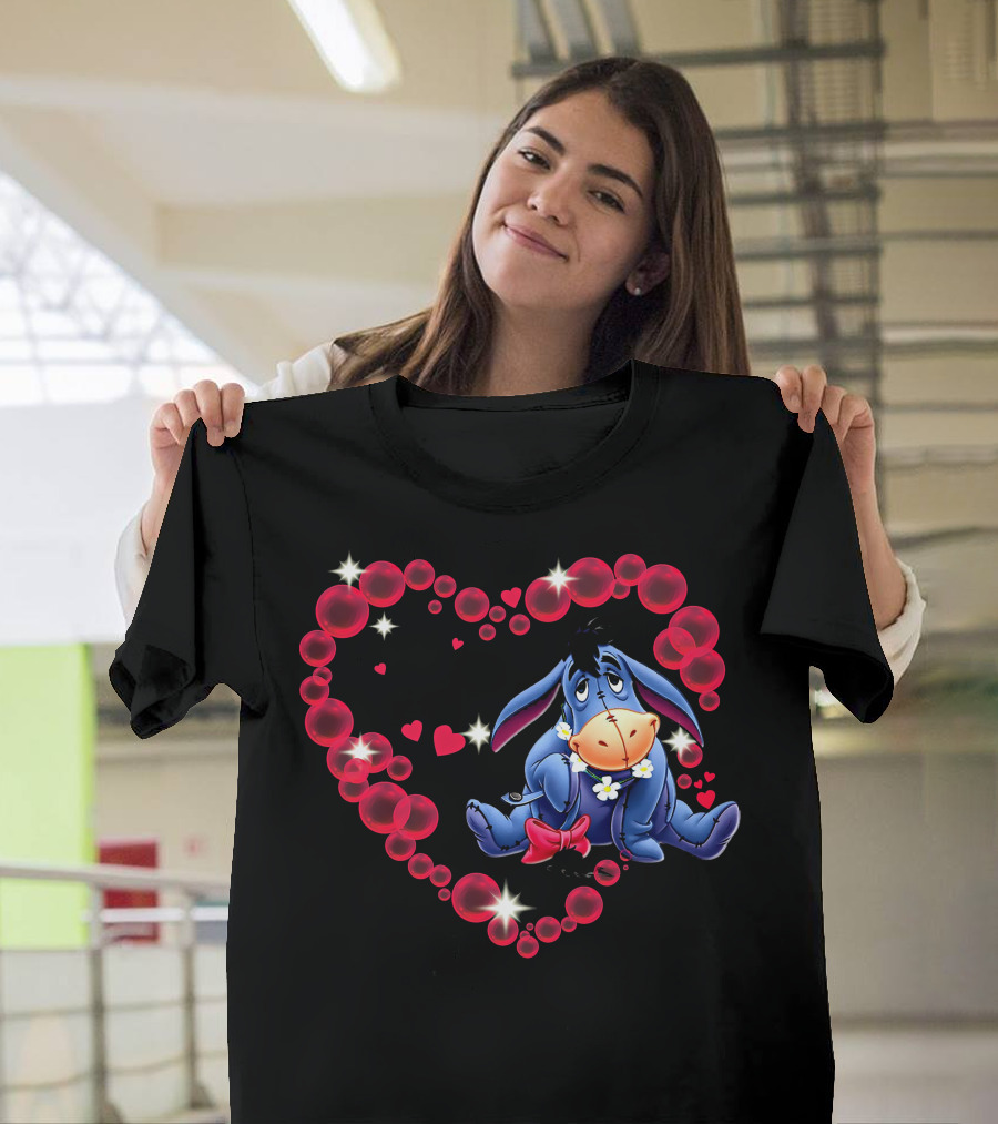 Eeyore Surrounded by Heart-Shaped Bubbles and Flowers T-Shirt