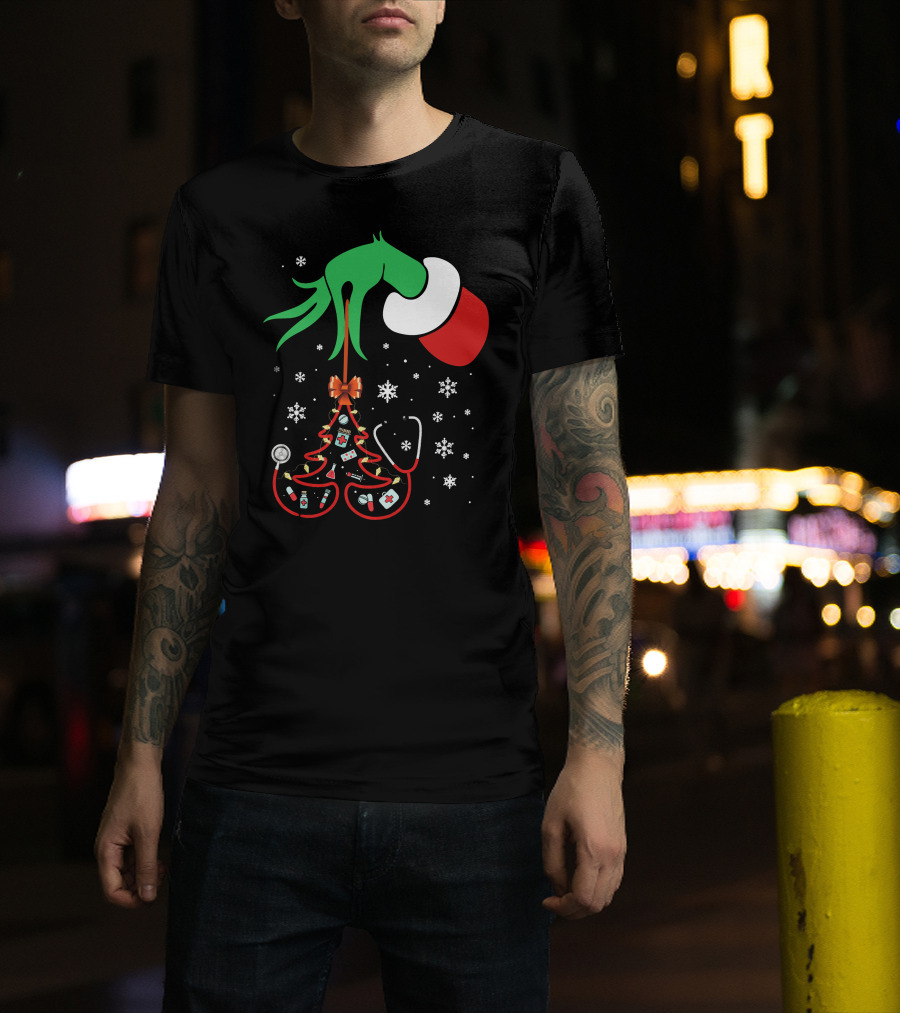 Grinch Hand Holding Nurse Themed Christmas Tree With Medical Icons T-Shirt