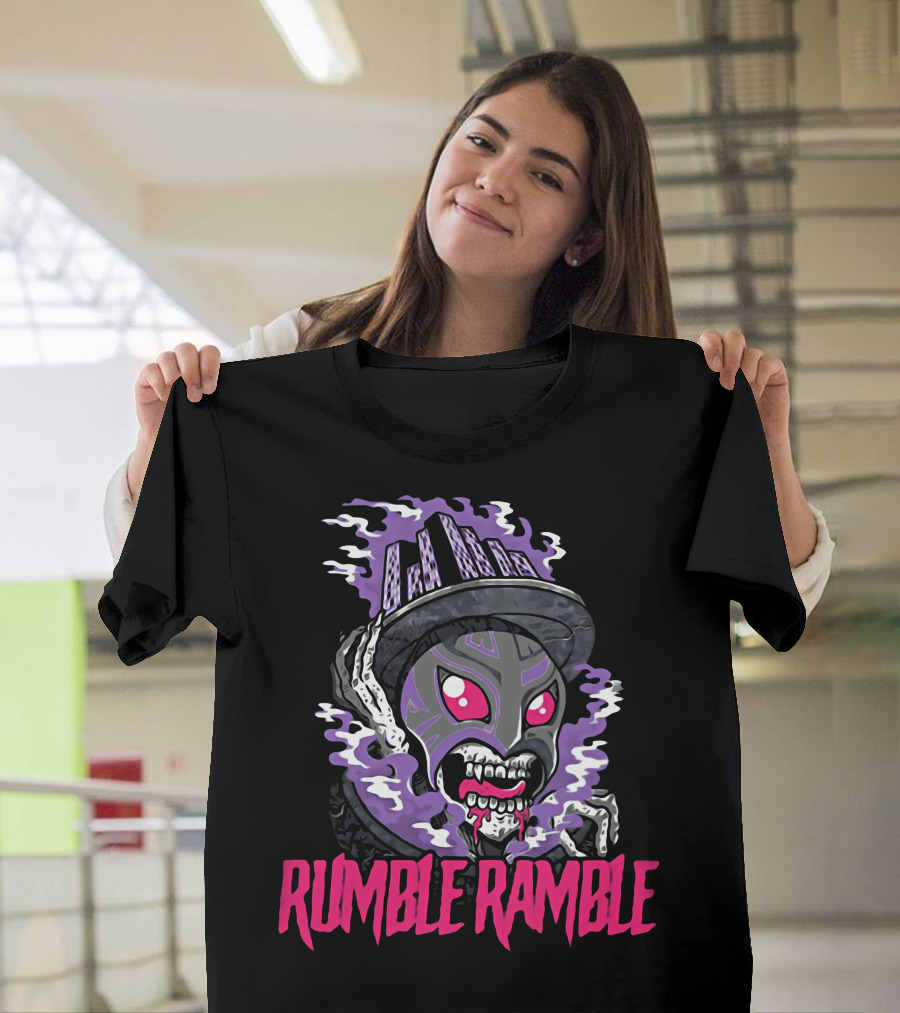 Rumble Ramble Monster In Urban Graffiti Mask With Purple Smoke And Cityscape Hat T-Shirt