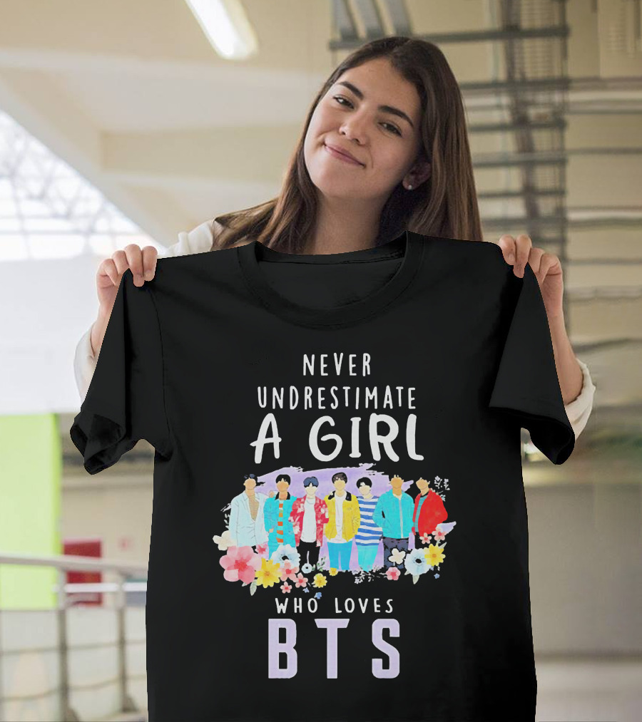 Never Underestimate A Girl Who Loves BTS Floral Watercolor Band T-Shirt