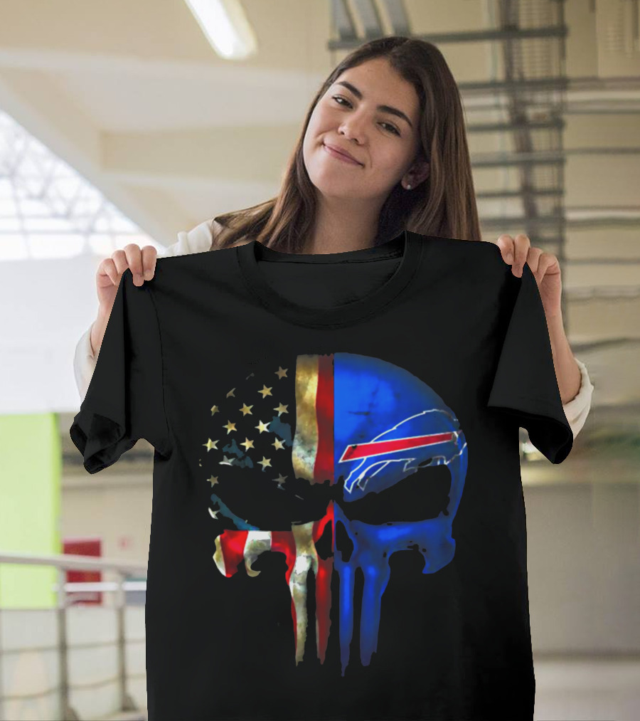 Skull Buffalo Bills American Flag Punisher NFL Logo Stars Stripes T-Shirt