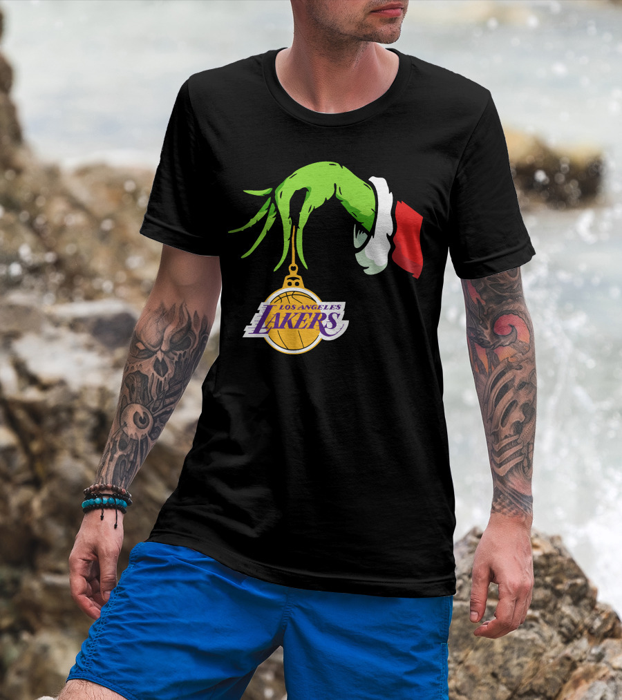 Grinch Hand With Santa Sleeve Holding Los Angeles Lakers T-Shirt