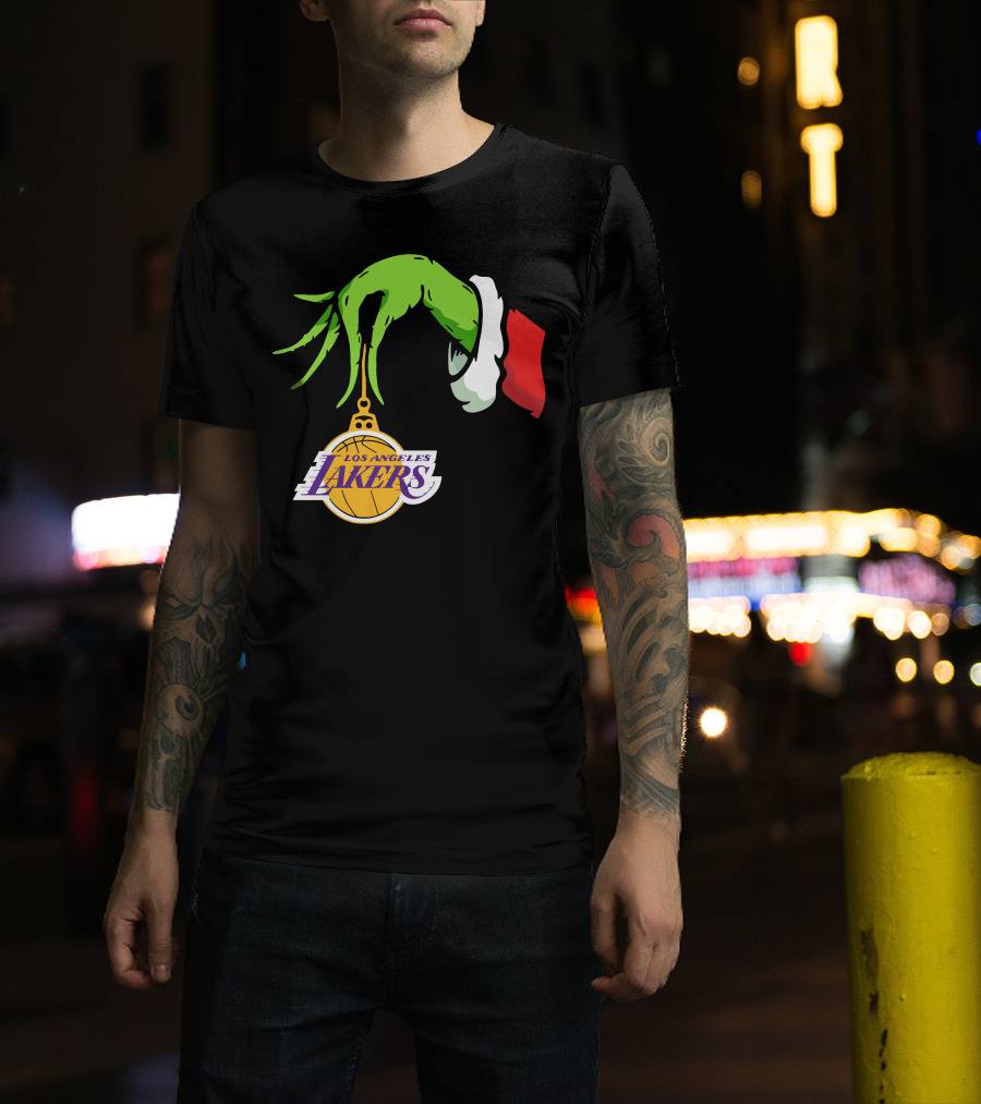 Grinch Hand With Santa Sleeve Holding Los Angeles Lakers T-Shirt