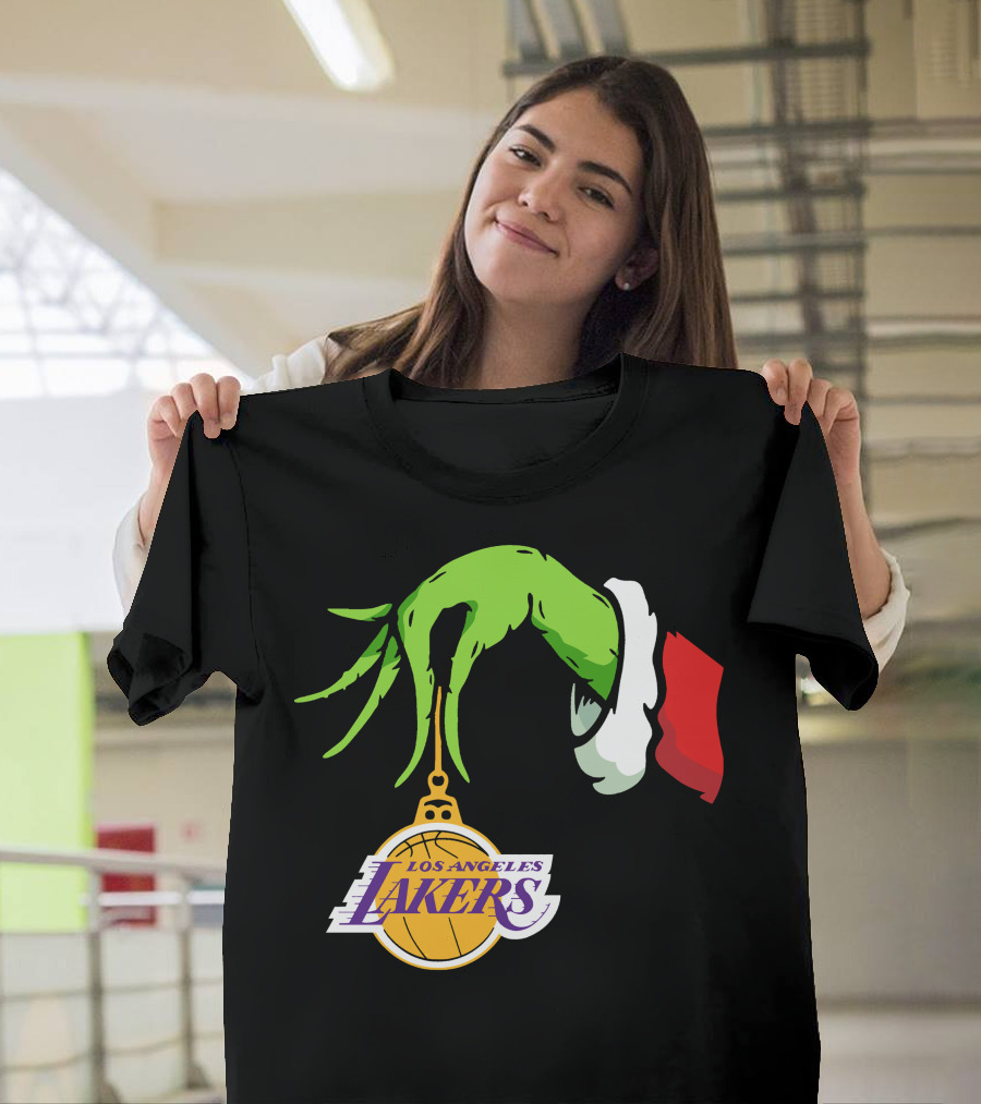 Grinch Hand With Santa Sleeve Holding Los Angeles Lakers T-Shirt