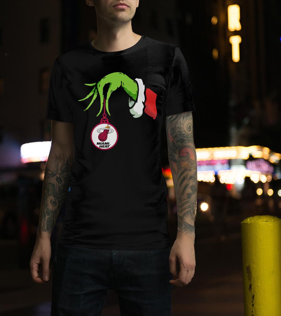 Grinch Hand With Miami Heat Ornament Holiday Sports T-Shirt