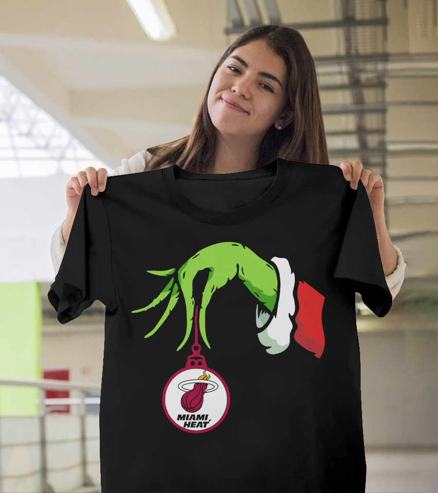 Grinch Hand With Miami Heat Ornament Holiday Sports T-Shirt