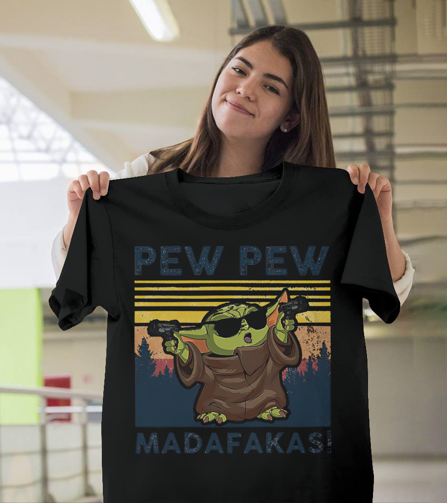 Pew Pew Madafakas Baby Yoda Retro Forest Sunset T-Shirt