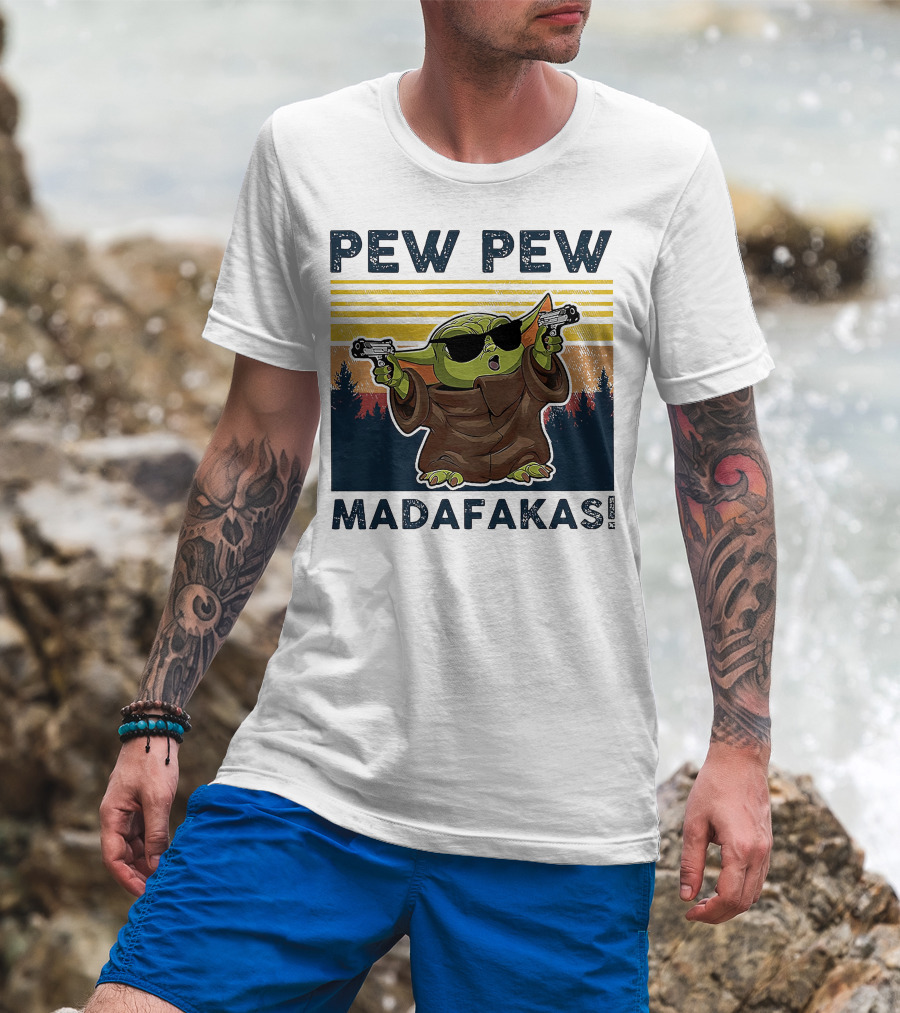Pew Pew Madafakas Baby Yoda Retro Forest Sunset T-Shirt