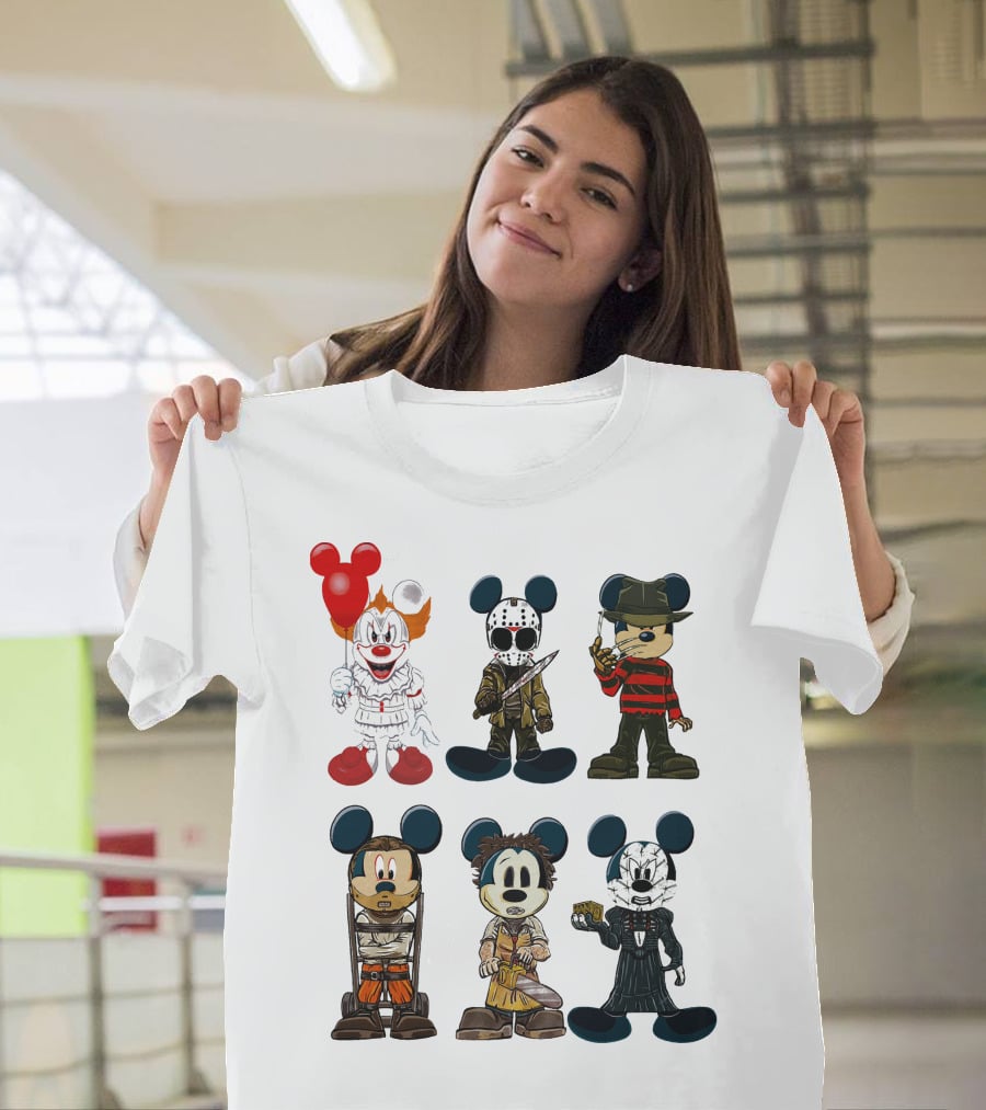 Halloween Horror Characters Mickey Mouse Pennywise Jason Freddy Chucky Leatherface Pinhead T-Shirt