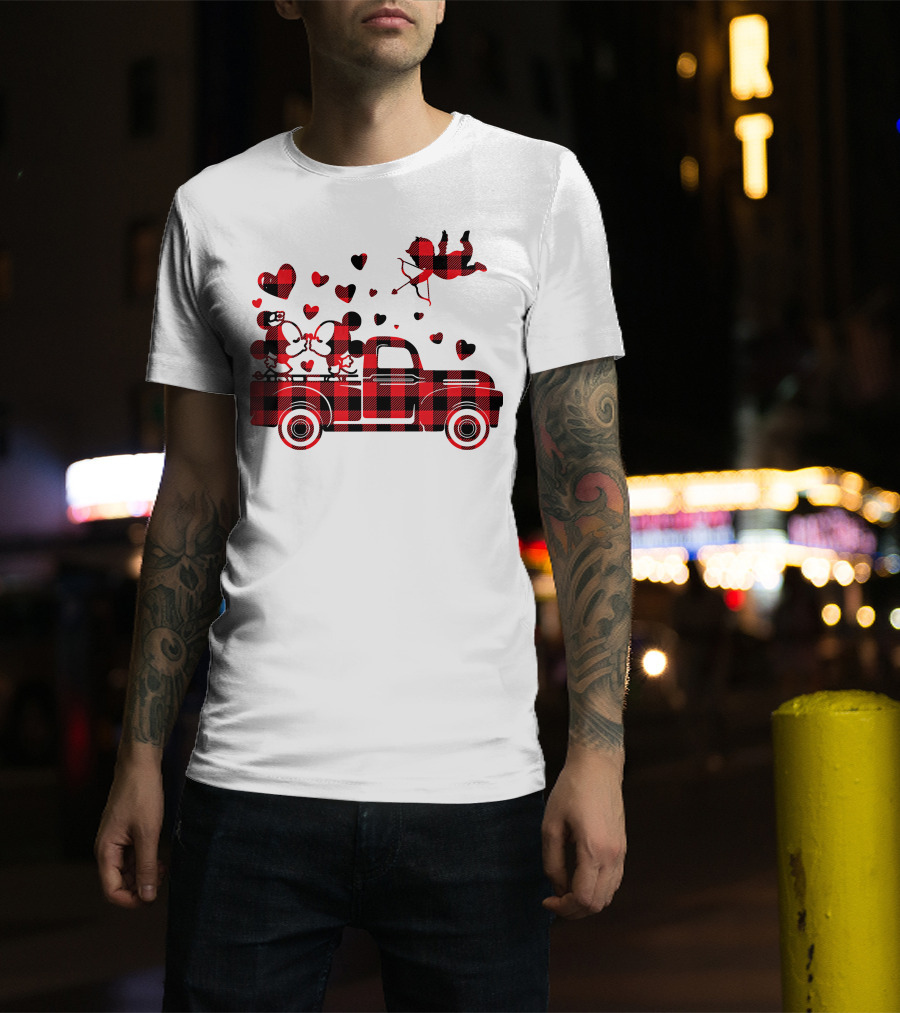 Buffalo Plaid Mickey Minnie Kissing In Truck With Hearts And Cupid Valentine T-Shirt